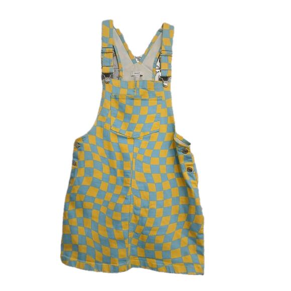Forever 21 Denim Overall Dress Women Sz L Blue Yellow Check Stretch Mini Skirt - Picture 4 of 16